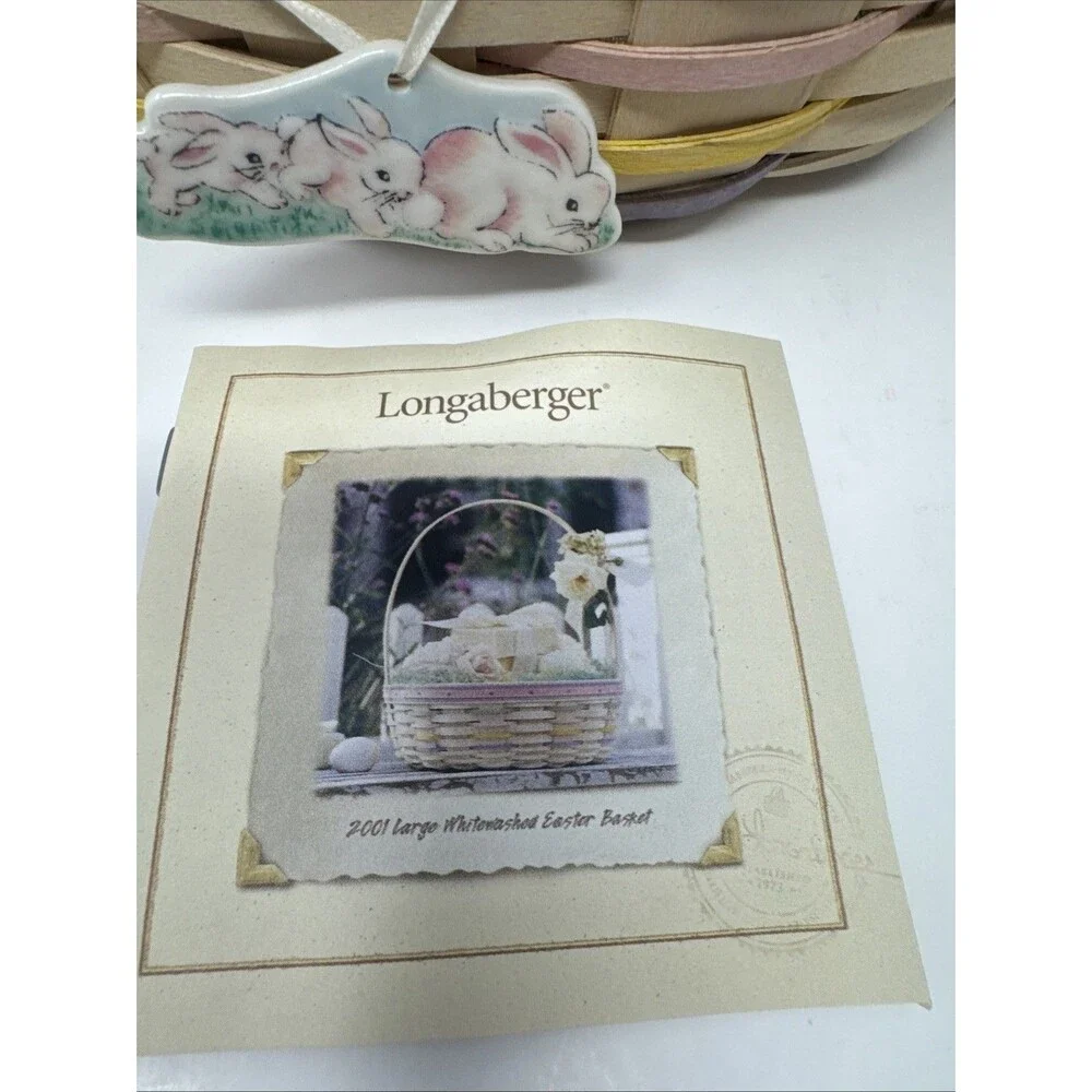 Longaberger 2001 Easter Basket Whitewashed w/Liner,  Protector & Bows, tie on